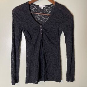 Y2K Black Lace Long Sleeve Henley Top Womens Size S Fitted Fairy Grunge Goth VTG